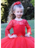 Long Sleeves Red Lace Tulle Floor Length Flower Girl Dress